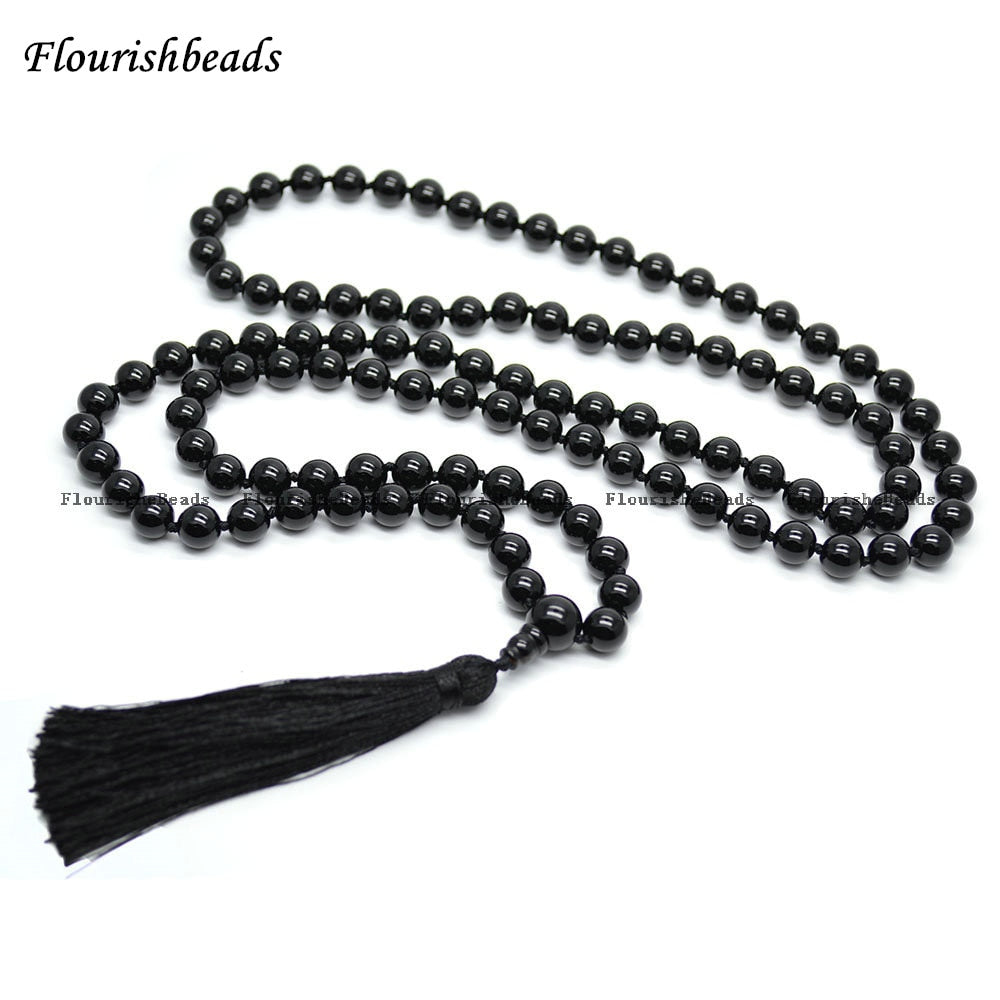 Natural 8mm Black Onyx Agate 108 Stone Round Beads Tassel Pendant Kontted Mala Prayer Necklace