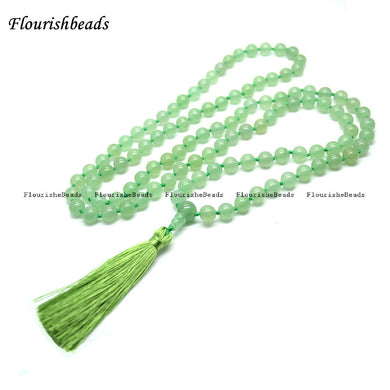 Natural 8mm Green Aventurine Jade 108 Stone Round Beads Tassel Pendant Kontted Mala Prayer Necklace