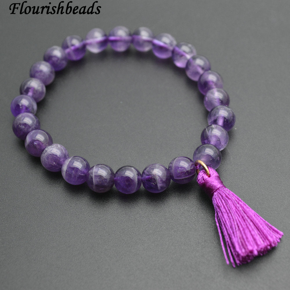 Natural Amethyst 8mm Energy Healing Quartz Stone Round Beads Tassel Charm Bracelet Fashion Woman Jewelry 6pc per lot