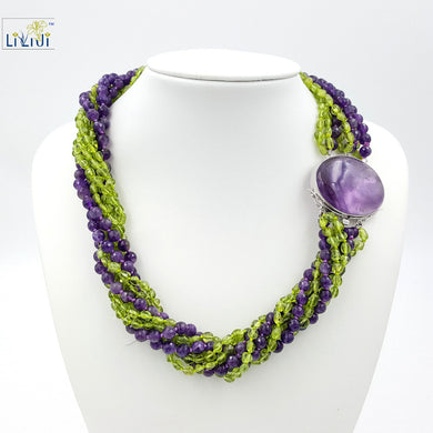 Natural Amethyst and Peridot 8 Strands with 925 Sterling Silver setting Ametrine Clasp Fashion Women Jewelry Big Necklace