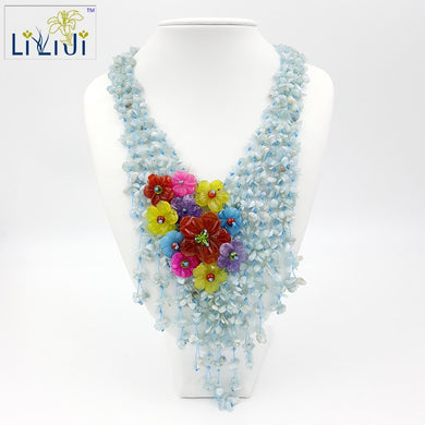 Acquamarina naturale, agata, fiori di giada colorata con chiusura a ginocchiera in giada Collana fatta a mano lavorata a maglia Gioielli da donna di moda per il matrimonio 