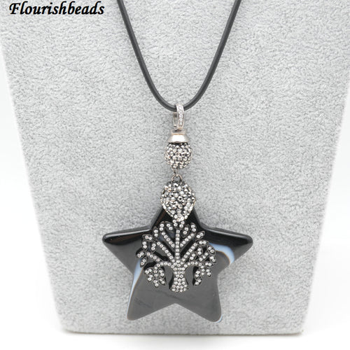 Natural Black Onyx Star Agate Paved CZ Metal Tree Charm Stone Pendant Rubber Chain Necklace Woman Jewelry
