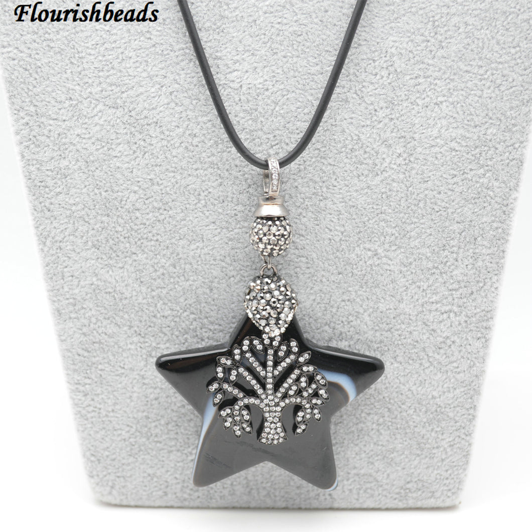 Natural Black Onyx Star Agate Paved CZ Metal Tree Charm Stone Pendant Rubber Chain Necklace Woman Jewelry