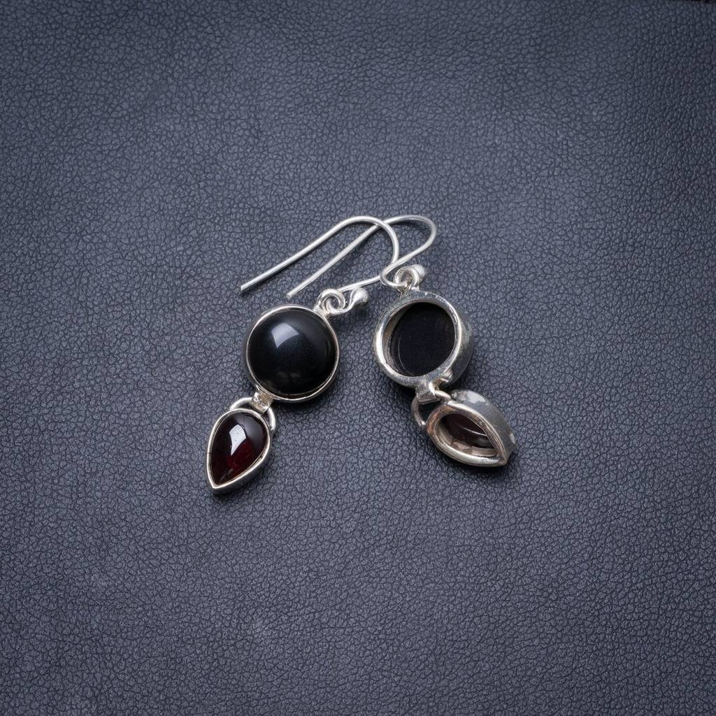 Natural Black Onyx and Amethyst Handmade Unique 925 Sterling Silver Earrings 1.5 Y3198