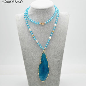 Natural Blue Agate Slab Pendant Glass Beads 26 inches Long Chains Necklace Fashion Woman Party Jewelry