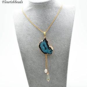 Natural Blue Quartz Freeform Agate Slice Stone Pendant Linked Chains Necklace Fashion Woman Party Jewelry