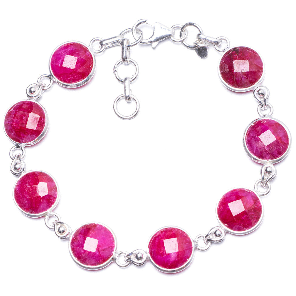 Natural Cherry Ruby Handmade Unique 925 Sterling Silver Bracelet 7-7 3/4 Y1924