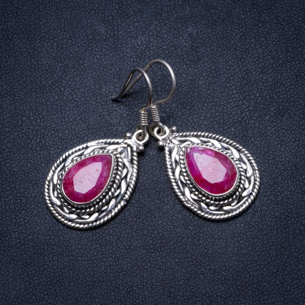 Natural Cherry Ruby Handmade Unique 925 Sterling Silver Earrings 1.5 X3416