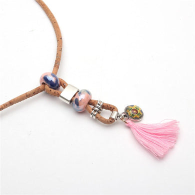 Natural Cork necklace with pink tassel antique feather women handmade original wooden vegan jewelry N-142