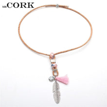 Load image into Gallery viewer, Natural Cork necklace with pink tassel antique feather women handmade original wooden vegan jewelry N-142