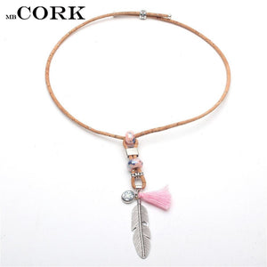 Natural Cork necklace with pink tassel antique feather women handmade original wooden vegan jewelry N-142
