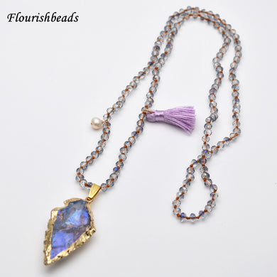 Natural Crysal Quartz Arrow Stone Pendant Knotted Glass Beads Chains Tassel Charm Necklace Fashion Woman Jewelry