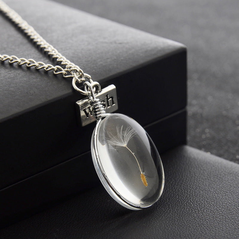 Natural Dandelion Seed Specimen Glass Adhesive Sheet and Wish Tag Pendant Necklace Charm Women Oval Time Gem Necklace