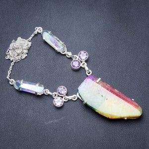 Natural Drusy Agate,Amethyst and Rainbow Drusy Cluster Handmade 925 Sterling Silver Necklace 17.75 Y3475