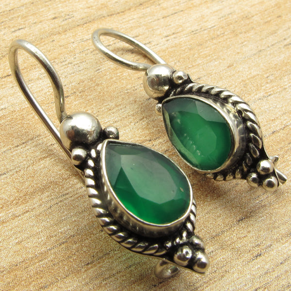 Natural GREEN ONYX Perfect Earrings ! Silver Overl VINTAGE STYLE Jewelry