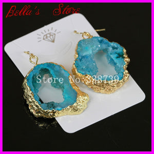 Natural Geode Quartz Druzy Stone Dangle Earring in Blue Color,Gems Crystal Druzy Drusy Stone Hook Earings Jewelry