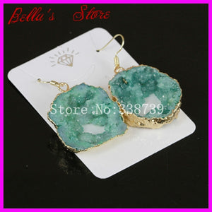 Natural Geode Quartz Druzy Stone Dangle Earring in Green Color,Gems Crystal Druzy Drusy Stone Hook Earings Jewelry