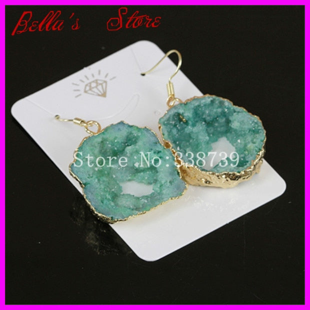 Natural Geode Quartz Druzy Stone Dangle Earring in Green Color,Gems Crystal Druzy Drusy Stone Hook Earings Jewelry