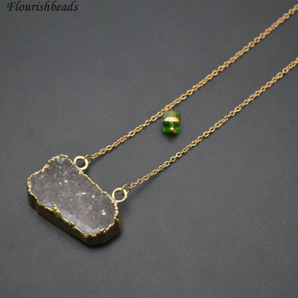 Natural Gr Druzy Agate Square Shape Pendant Linked Chains Necklace Fashion Woman Jewelry