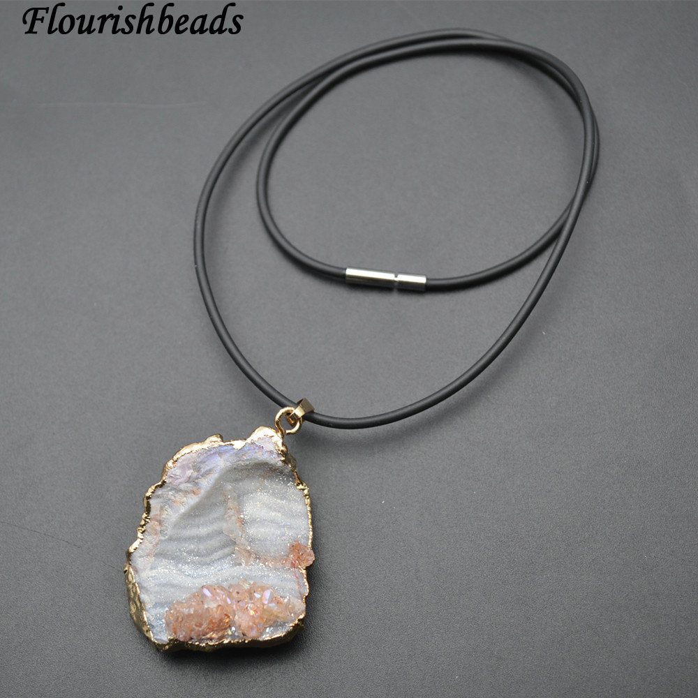Natural Gr Rough Agate Stone Freeform Slice Pendant Leather Cord Chains Necklace Fashion Party Jewelry