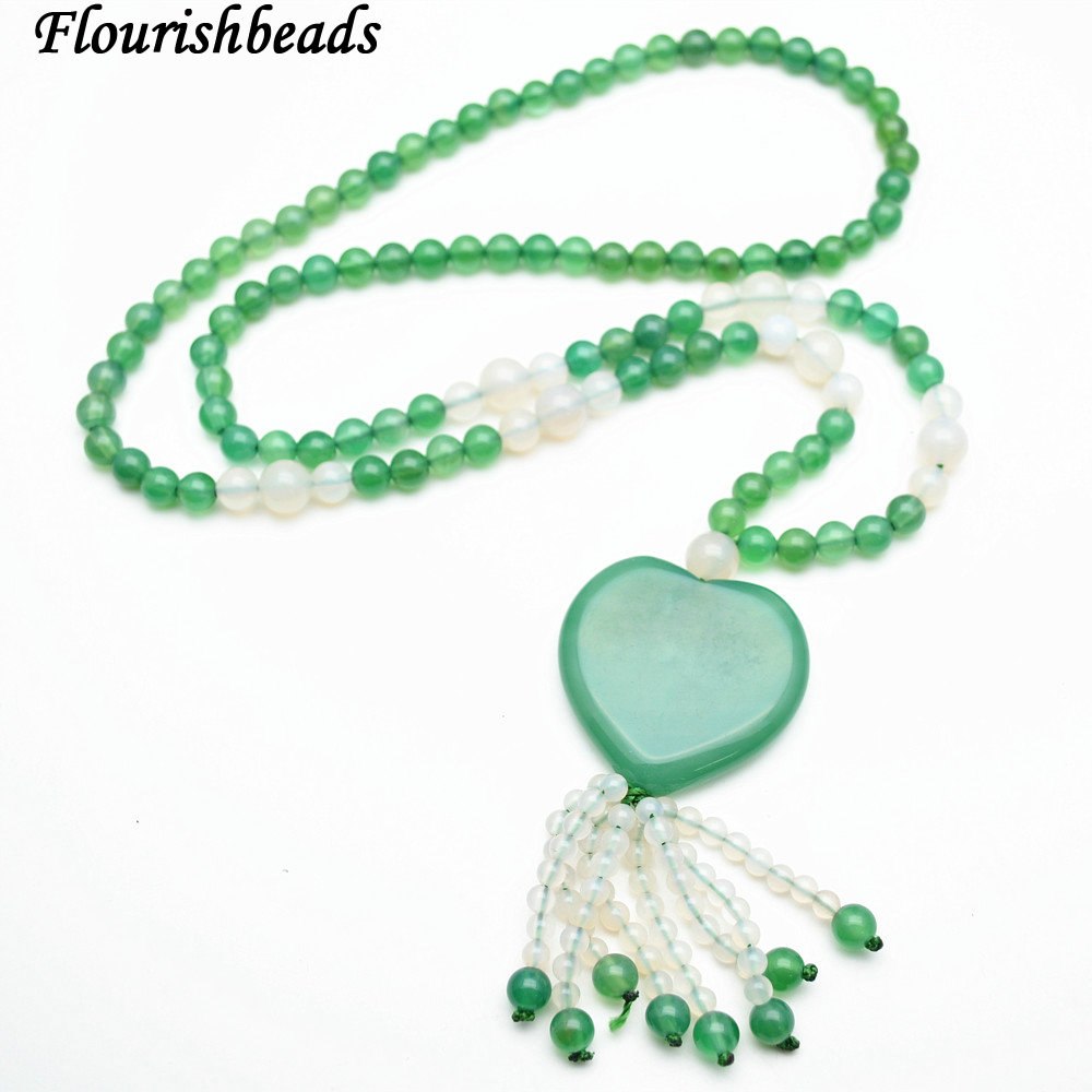 Natural Green Agate Stone Seed Beads Tassel Heart Pendant Long Chains Necklace Fashion Party Jewelry