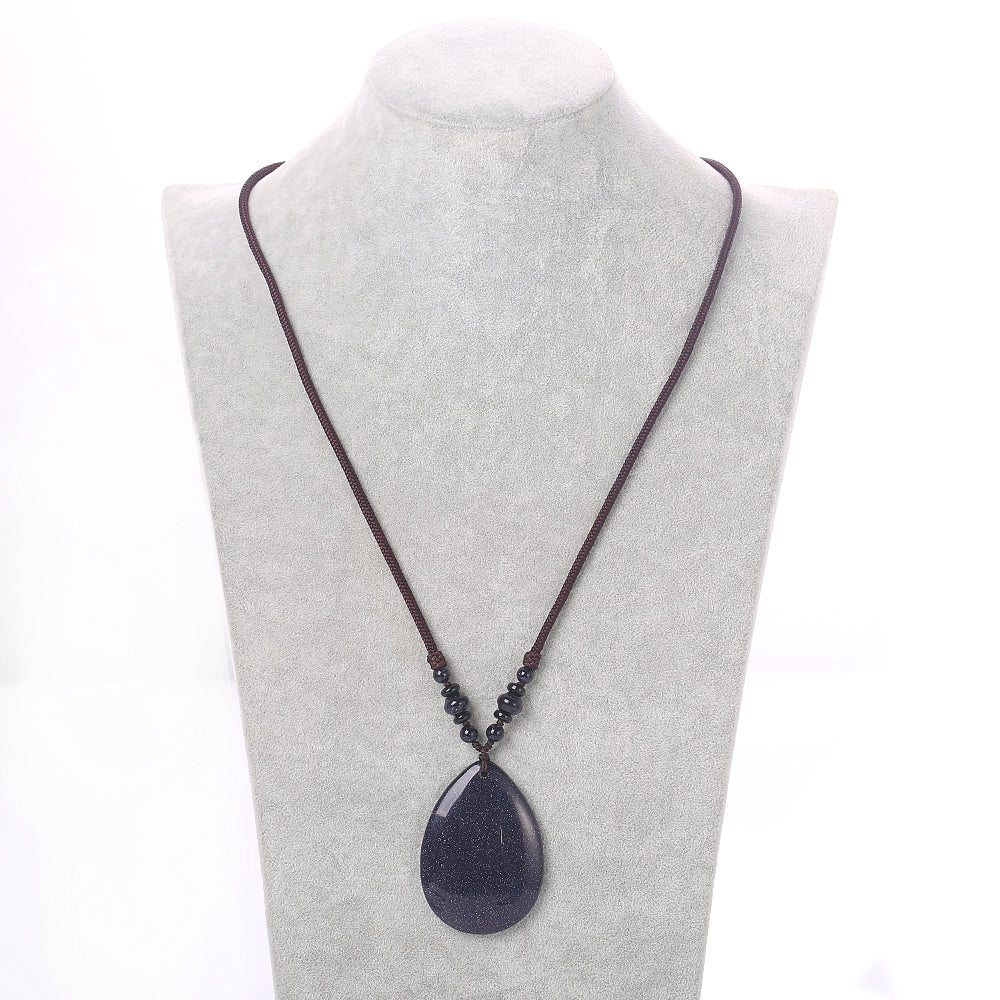 Natural Healing Crystal Ethnic Women Long Necklace Blue Sandstone Pendant Water Drop Rope Chain Sweater Chain Yoga Jewelry Beads