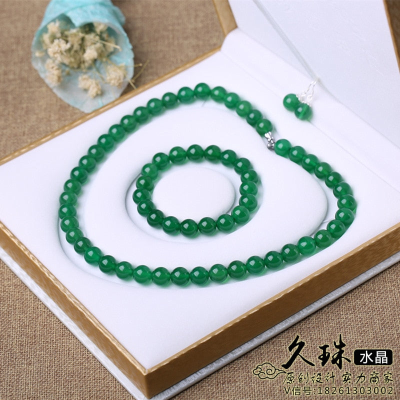Natural Jewelry 8mm Brazil Top Natural Green Stone Chalcedony Necklace Bracelet and Earring for Graceful Women