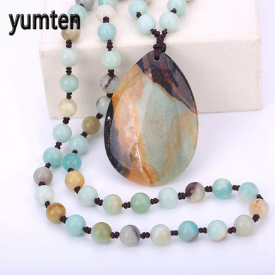 Natural Jewelry Ethnic Necklace Colorful Beads Men's Necklace Long Chalcedony Water Drops Pendants Colorful Agate Sweater Chain