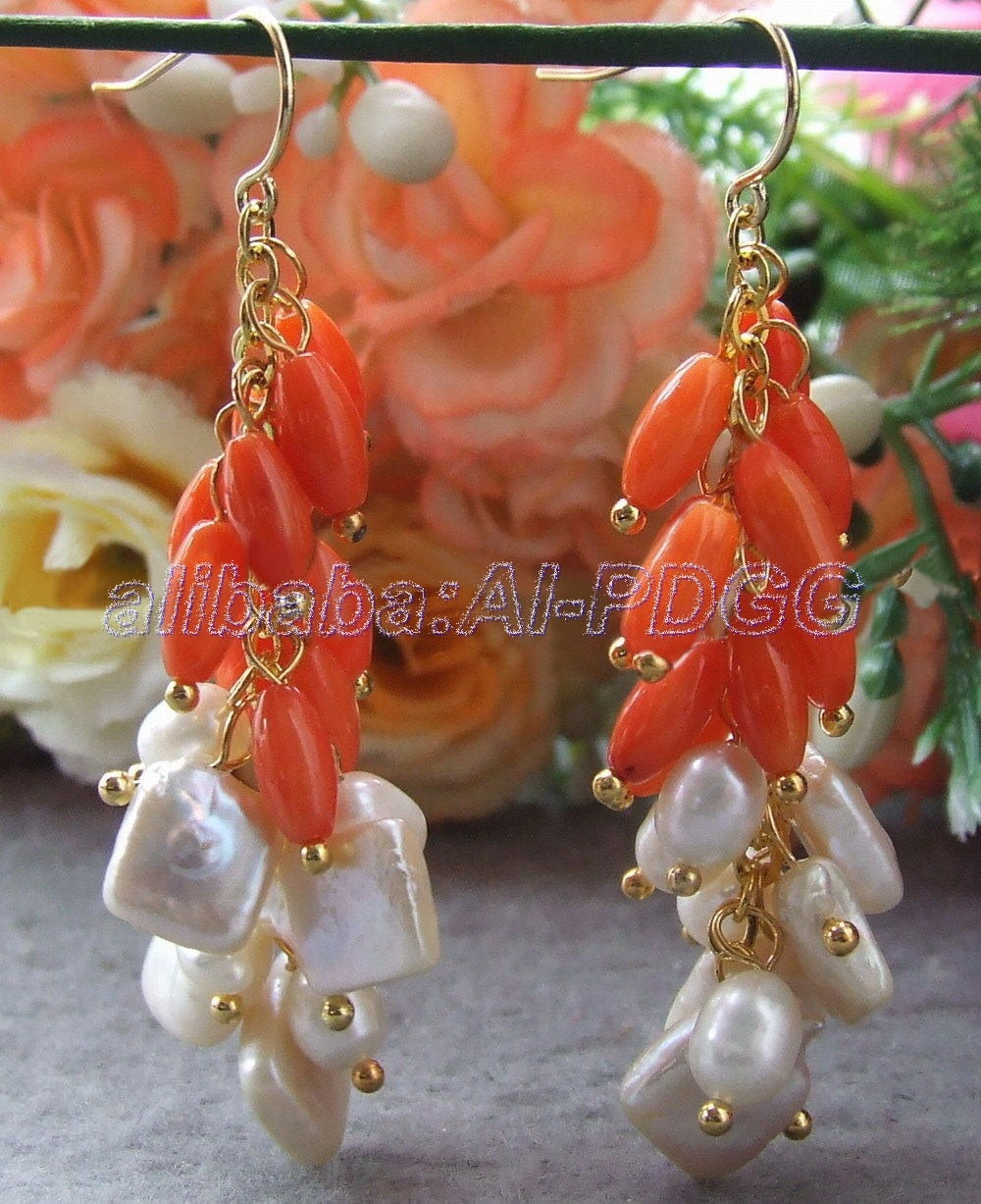 Natural Keshi Pearl&Coral Earrings