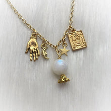 Load image into Gallery viewer, Natural Moonstone Crystal Ball Necklace with Palmistry Charms, Moon and Stars,Wicca,Witch,Pagan,Gypsy,Magic,Fortune Teller