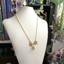 Load image into Gallery viewer, Natural Moonstone Crystal Ball Necklace with Palmistry Charms, Moon and Stars,Wicca,Witch,Pagan,Gypsy,Magic,Fortune Teller