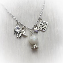 Load image into Gallery viewer, Natural Moonstone Crystal Ball Necklace with Palmistry Charms, Moon and Stars,Wicca,Witch,Pagan,Gypsy,Magic,Fortune Teller