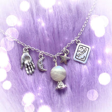 Load image into Gallery viewer, Natural Moonstone Crystal Ball Necklace with Palmistry Charms, Moon and Stars,Wicca,Witch,Pagan,Gypsy,Magic,Fortune Teller