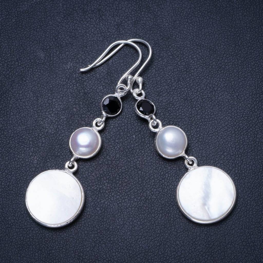 Natural Mother Of Pearl,River Pearl and Black Onyx Unique 925 Sterling Silver Earrings 2.25 X3694