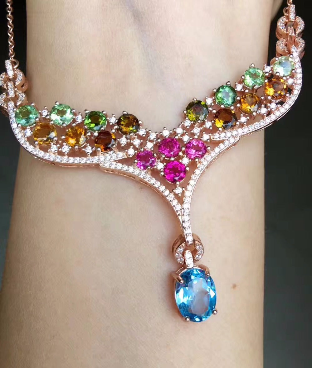Natural Multicolor tourmaline Necklace natural gemstone Pendant Necklace S925 Sterling silver trendy water drop party Jewelry
