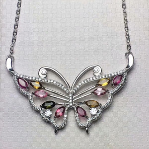 Natural Multicolor tourmaline Necklace natural gemstone Pendant Necklace S925 silver trendy Butterfly girl gift party Jewelry