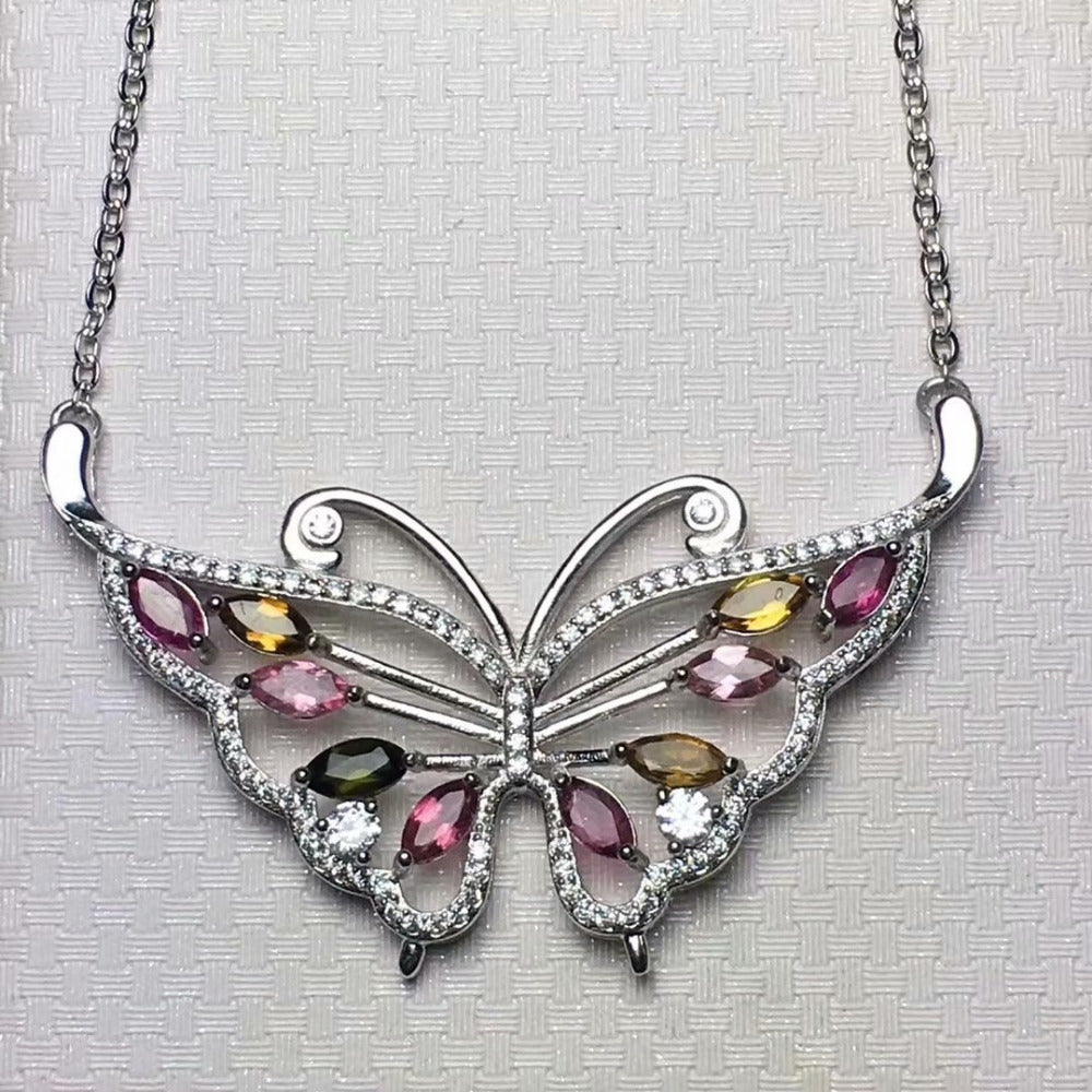 Natural Multicolor tourmaline Necklace natural gemstone Pendant Necklace S925 silver trendy Butterfly girl gift party Jewelry