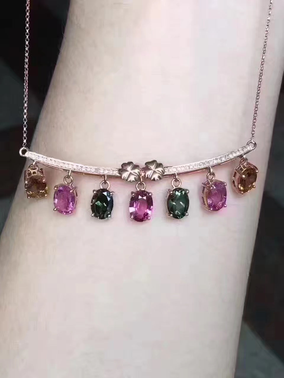 Natural Multicolor tourmaline Necklace natural gemstone trendy Elegant Pendant Necklace S925 silver women wedding Jewelry