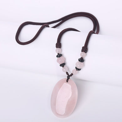 Natural Pink Crystal Rock Necklace Quartz Pendant Necklace Power Gem Chain Women Jewelry Engagement Water Drop Bead Big Necklace