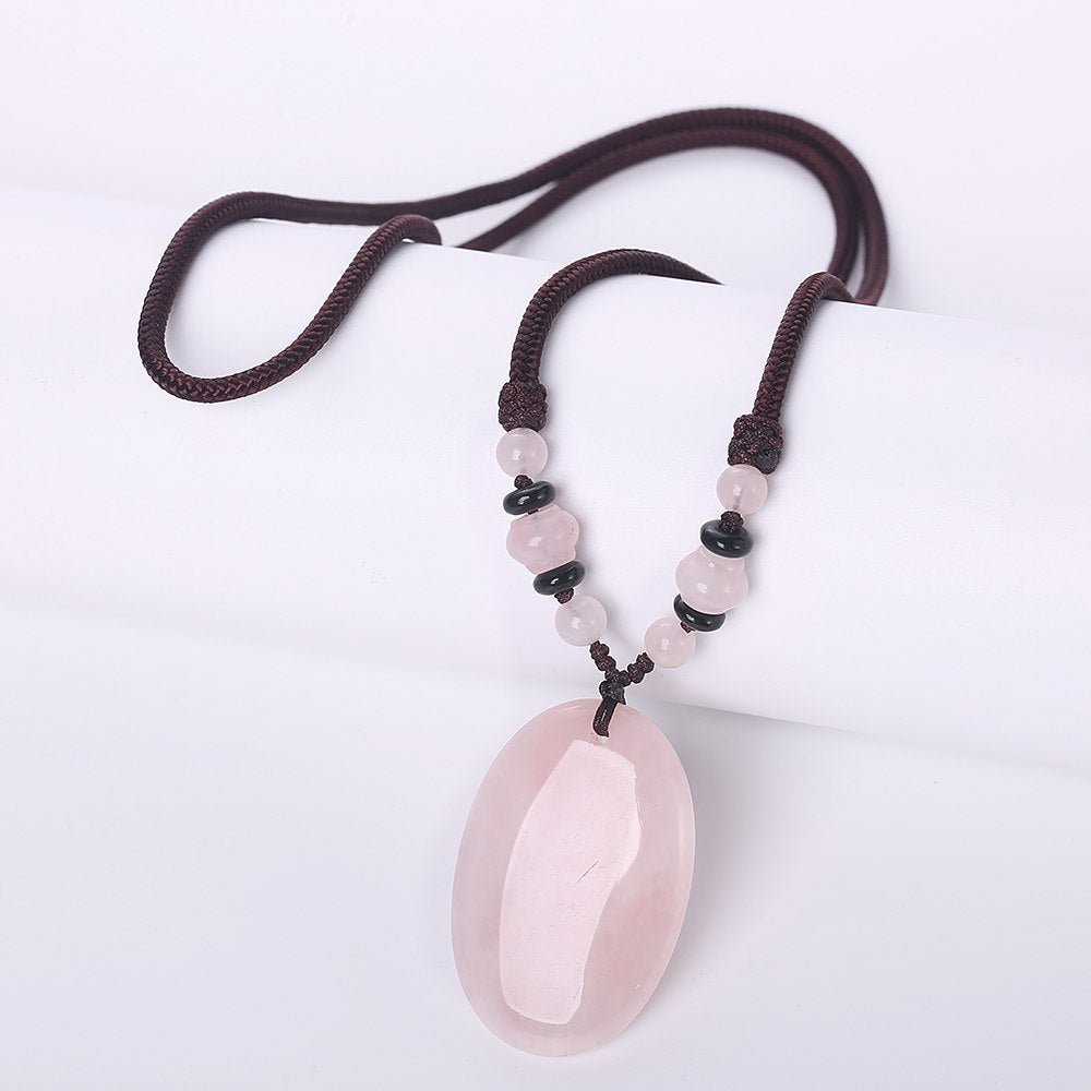 Natural Pink Crystal Rock Necklace Quartz Pendant Necklace Power Gem Chain Women Jewelry Engagement Water Drop Bead Big Necklace