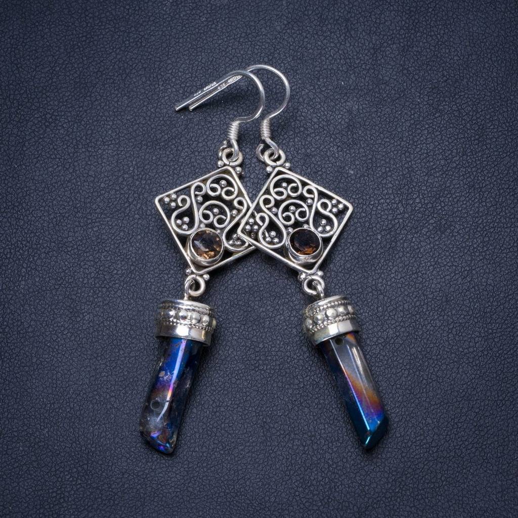 Natural Rainbow Drusy Cluster and Smoky Quartz Unique 925 Sterling Silver Earrings 2.5 X3563