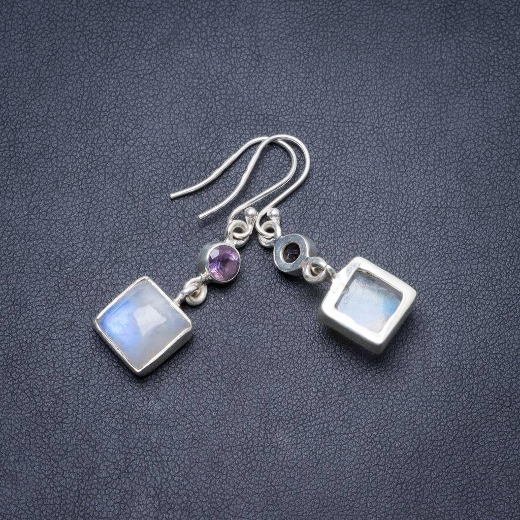 Natural Rainbow Moonstone and Amethyst Handmade Unique 925 Sterling Silver Earrings 1.5 Y2502