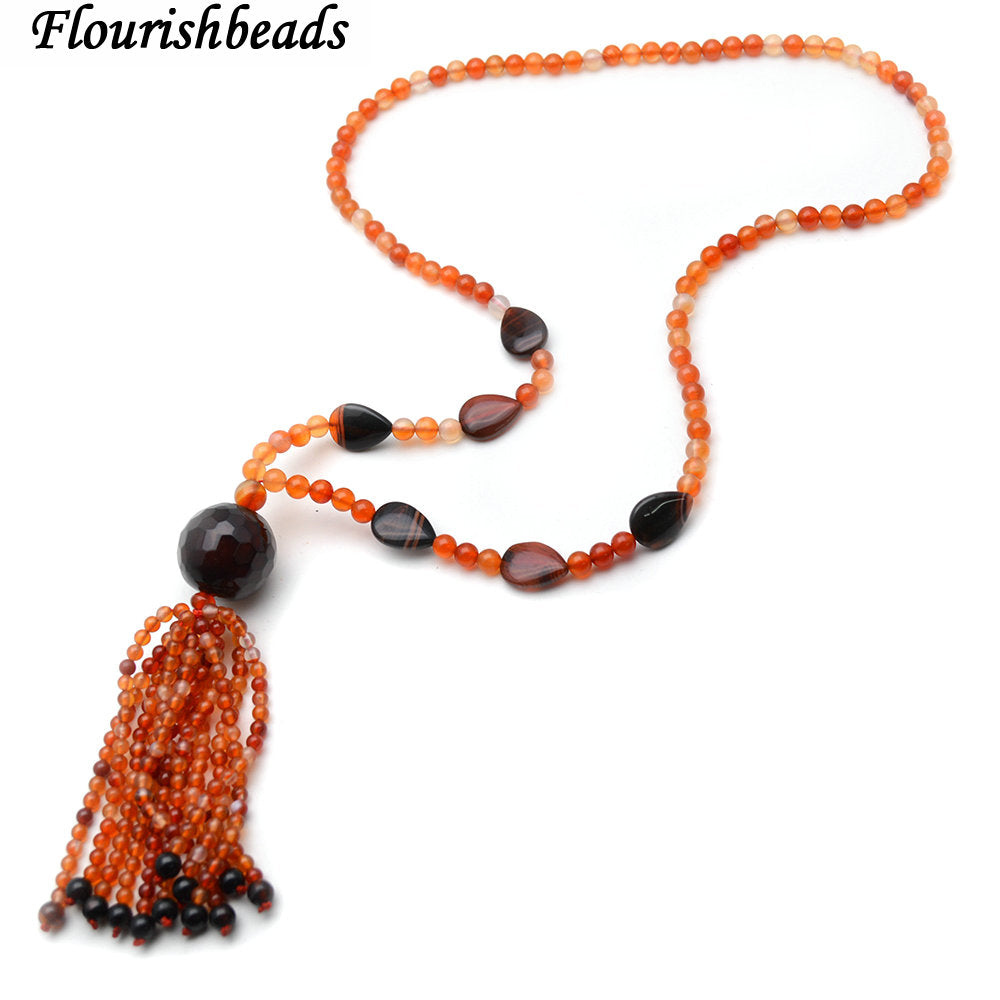 Natural Red Agate Big Stone Ball Tassel Pendant Long Chains Necklace Fashion Jewelry