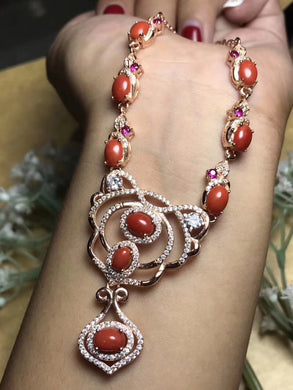 Natural Red Coral Necklace Natural Gemstone Pendant Necklace 925 sliver women Luxury trendy Crown women engagement fine Jewelry