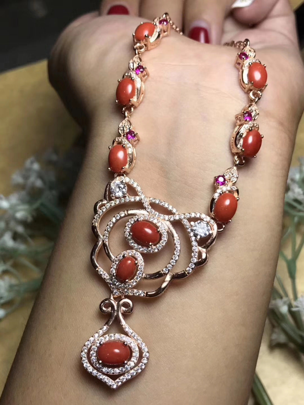 Natural Red Coral Necklace Natural Gemstone Pendant Necklace 925 sliver women Luxury trendy Crown women engagement fine Jewelry