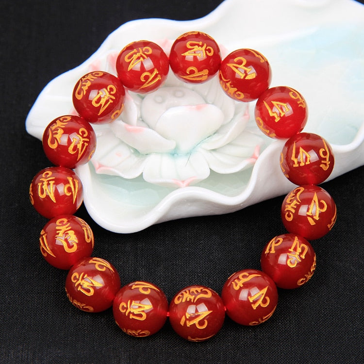 Natural Red agate Bracelet Gilding Six True Words Men And Women Fund Wealth Evil Spirits Jewelry Gift 14mm