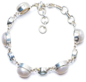 Natural River Pearl and Blue Topaz Handmade Unique 925 Sterling Silver Bracelet 7-8 Y0138