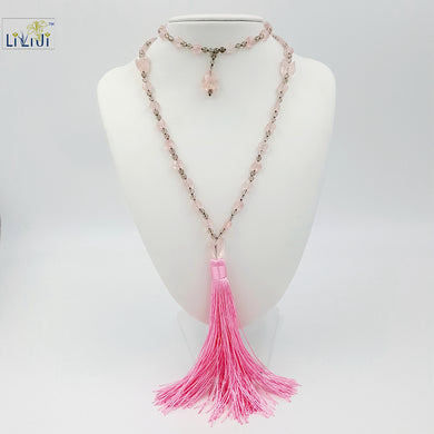 Natural Rose Quartz with Smoky Quartz Beads and Pink Color Strand Tassel Long Necklace Fashion Women Jewelry