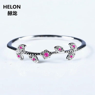 Natural Ruby Solid 14k White Gold Women Girl Engagement Ring Wedding Band Leaf Art Deco Promise Ring Romantic Cute Thin
