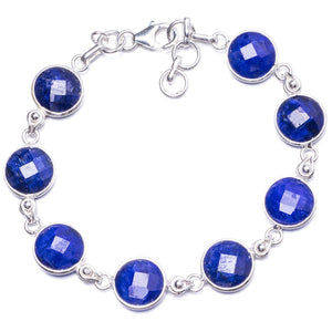 Natural Sapphire Handmade Unique 925 Sterling Silver Bracelet 7-7 3/4 Y1928